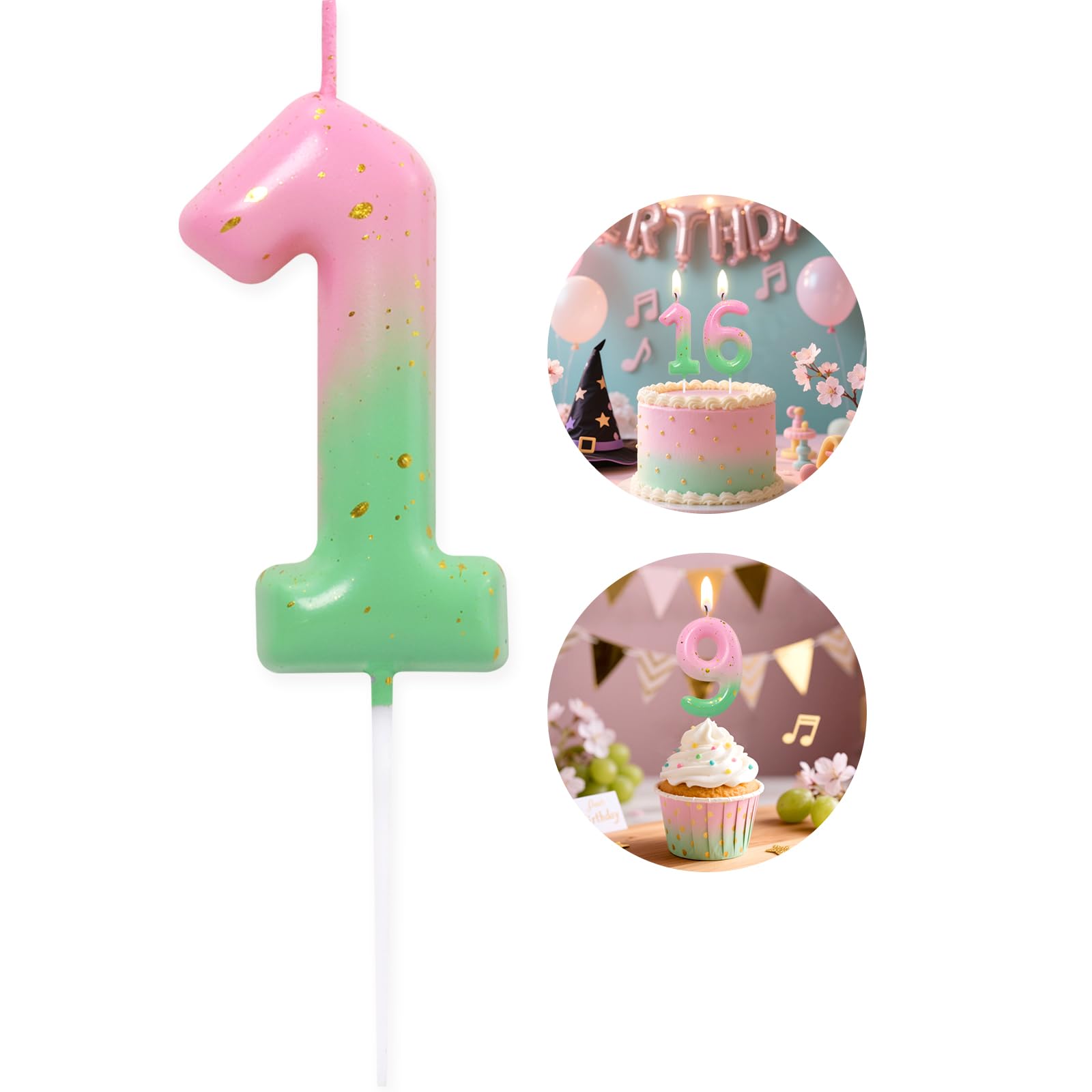 Pink Green Number 1 Candle Happy Birthday 3D Number Candles for Birthday Cake Party Decoration Wedding Anniversary Celebration Supplies