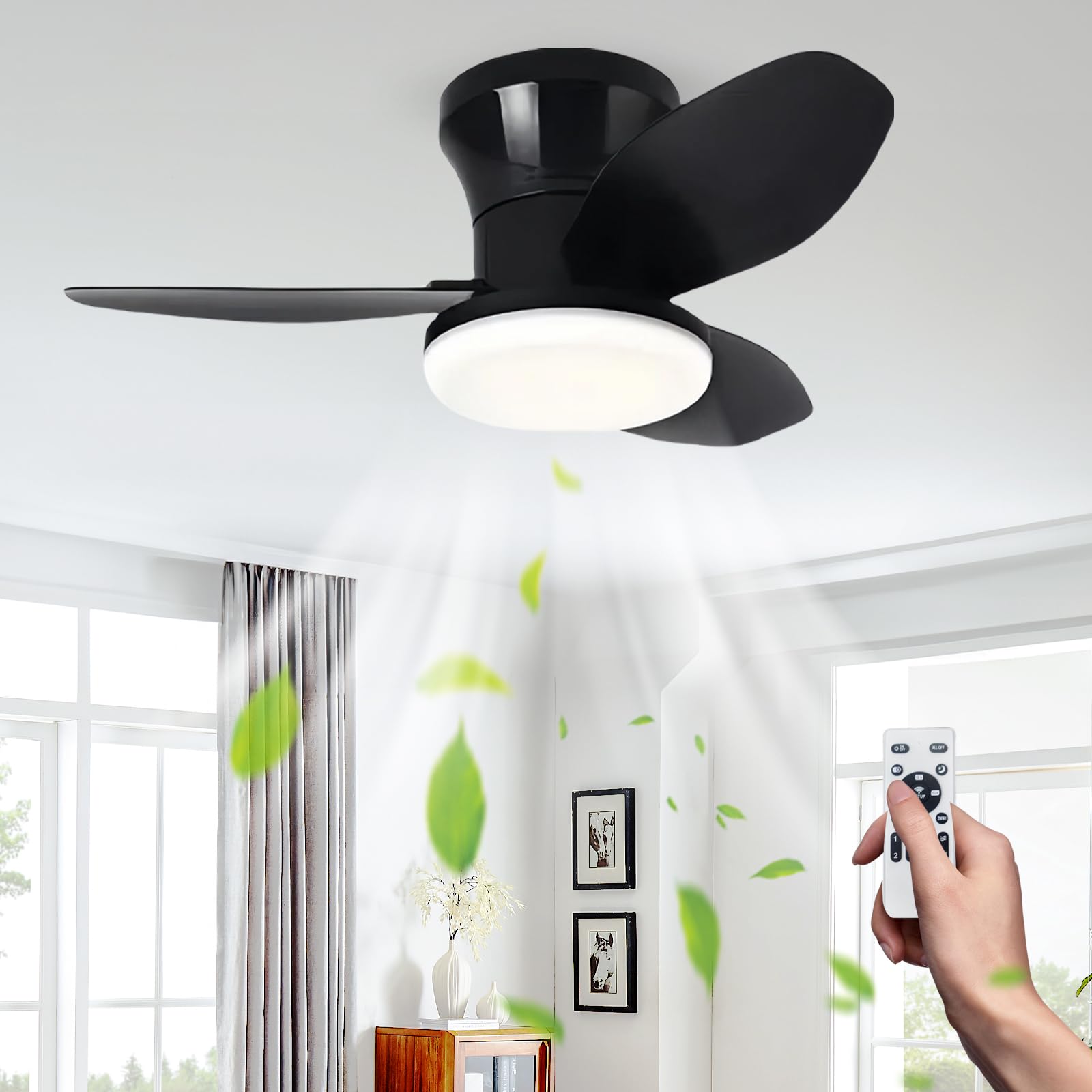 HXYSXHJUO Ceiling Fans with Lights Kids Room, Silent Lamps Low Profile 3 Blades Fan Light Ceiling, Dimmable, for Dining Room Living Bedroom, Dimmable-Black-65CM