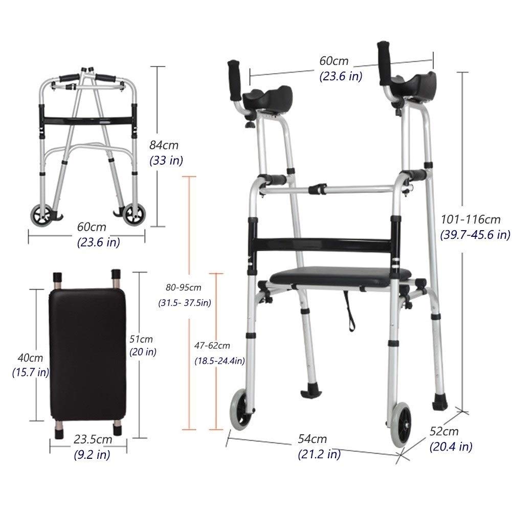 Andador con asiento, ruedas y almohadilla para reposabrazos, muleta de altura ajustable para personas mayores y discapacitados, ayuda de movilidad vertical
