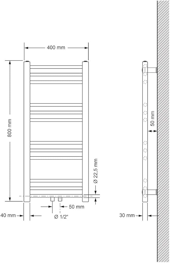 ECD Germany Radiador toallero de baño - 400 x 800 mm - Cromo - Diseño Plano - con conexión central - Estructura no eléctrica - Radiador de calefacción ...