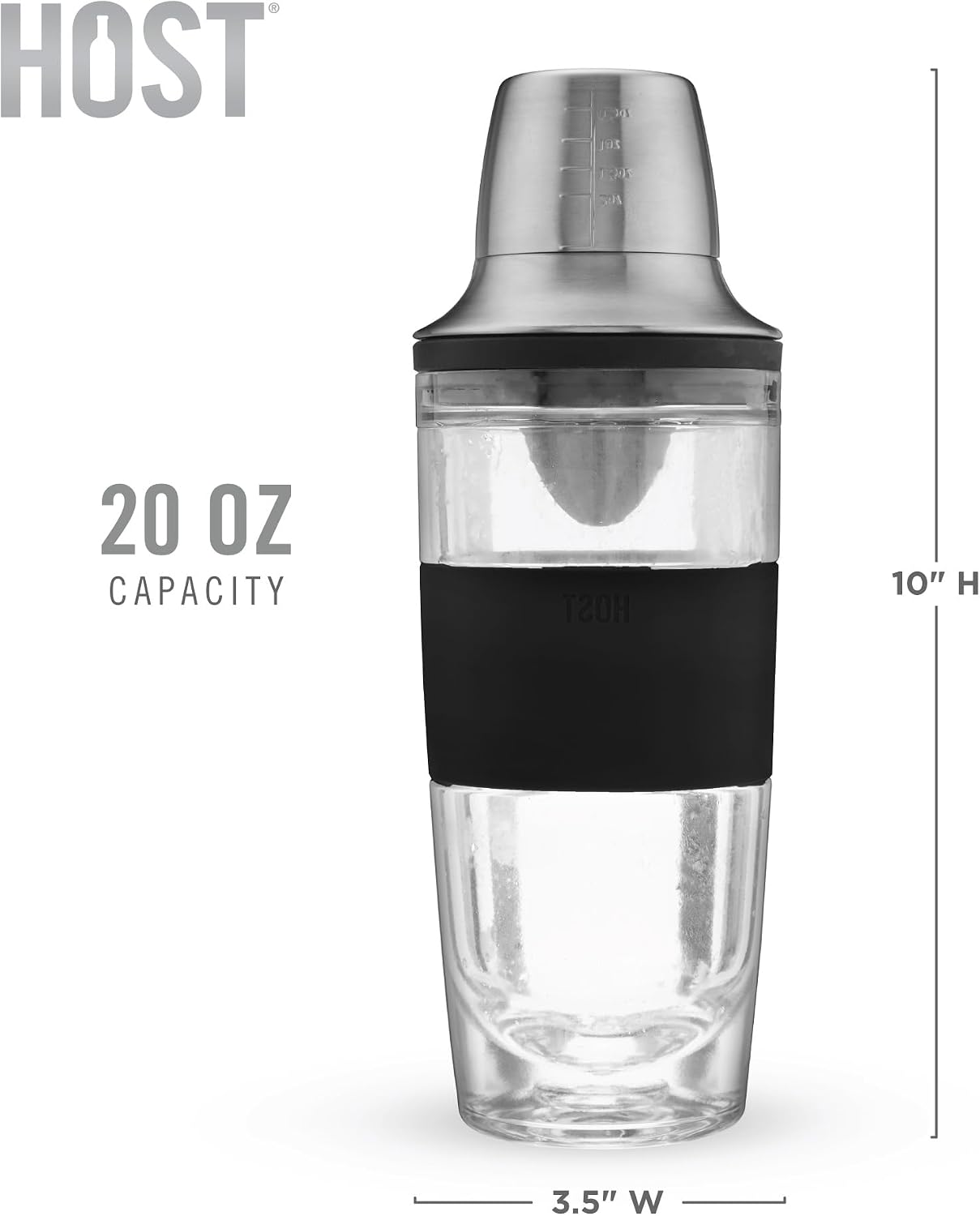 HOST Cocktail Shaker FREEZE Double-Walled Cup with Citrus Reamer, Strainer, Jigger Cap for Cold Brew Cocktails, Stainless Steel Martini Shaker, Active Cooling Gel, 20 oz, 3-Piece Bar Set, Black