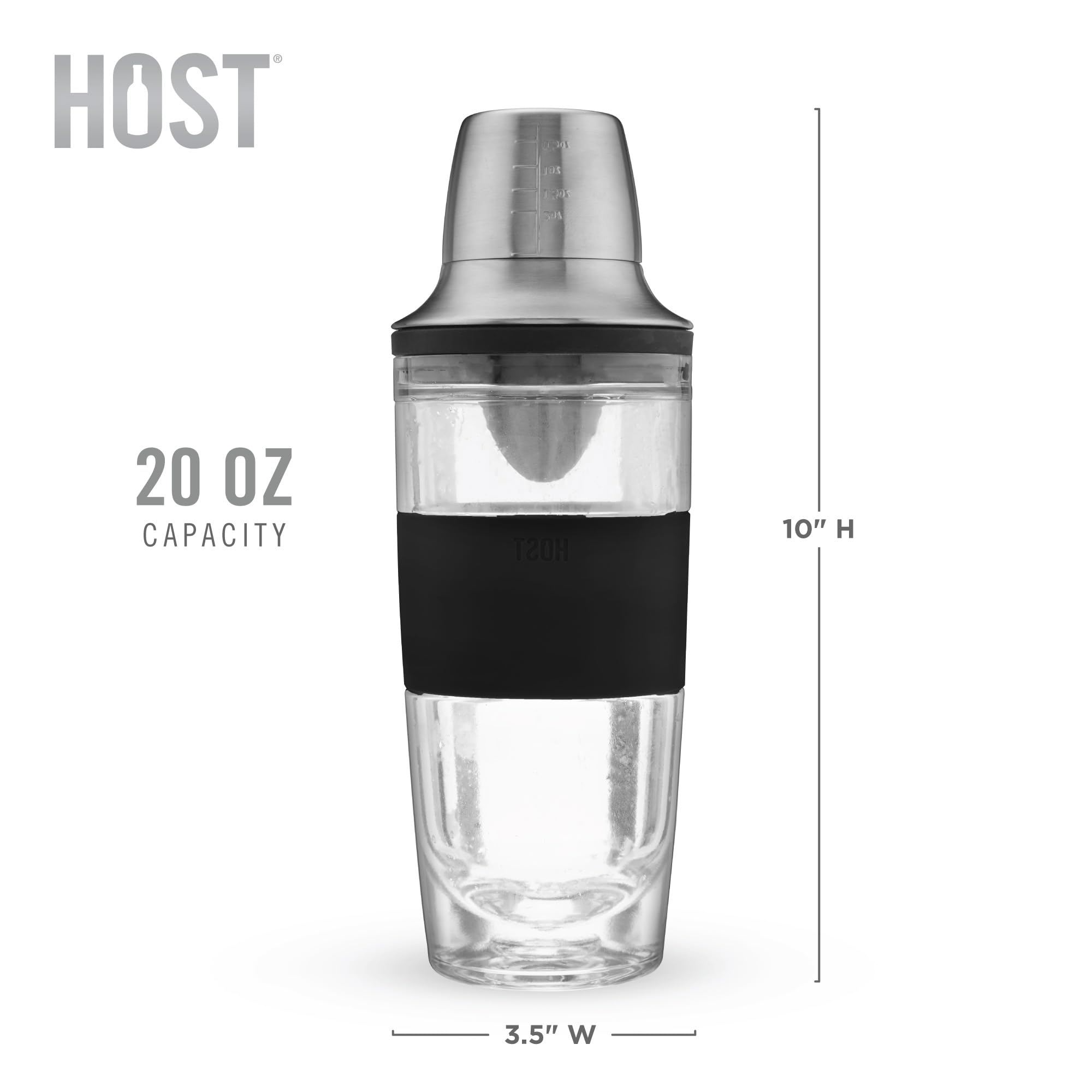 HOST Shaker per cocktail FREEZE Tazza a doppia parete con alesatore di agrumi, tappo jigger in acciaio inossidabile, filtro e gel rinfrescante attivo, set da bar nero, 590 ml, grigio