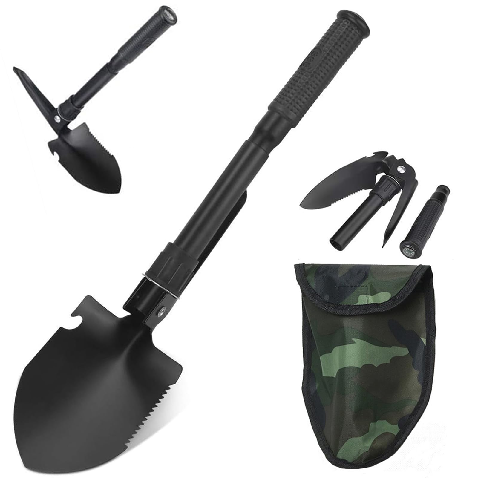4-In-1 Multifunktions Klappschaufel, Klappbare Spaten Garten 42cm, Schwarz Klappspaten Mini, Multifunktionaler Camping Klappspaten, Für Wandern,Camping, Jagen, Garten, Schneeschaufeln, (Schwarz).