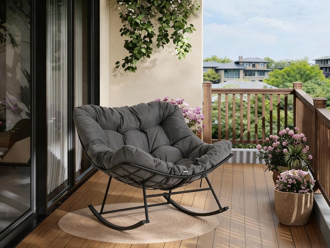 Acekool Schaukelstuhl Oversized mit Fußhocker, Schaukelsessel mit dickem Kissen & Metallrahmen, Relaxsessel für Poolside, Garten und Hinterhof, Tragfähigkeit (Grau, ohne Fußstütze)