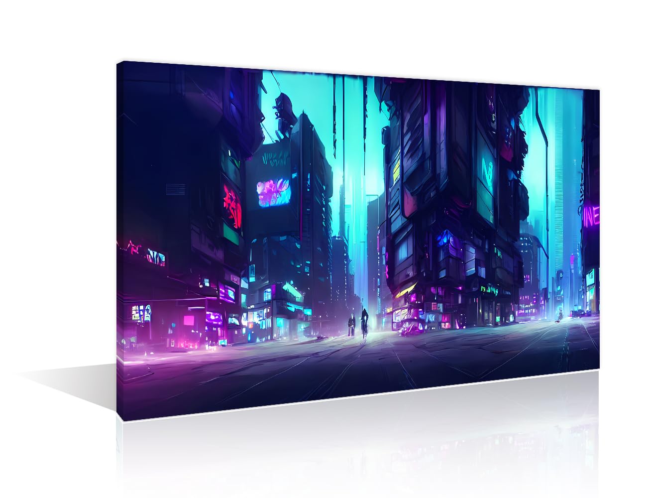 Cyberpunk Neon City Night Pictures Home Decor 1 Panels Futuristic City Scene in a Style of Cyberpunk Art Paintings Canvas Wall Art for Bedroom, Living Room, Office. Framed Ready to Hang (24"Wx36"H) — image 1