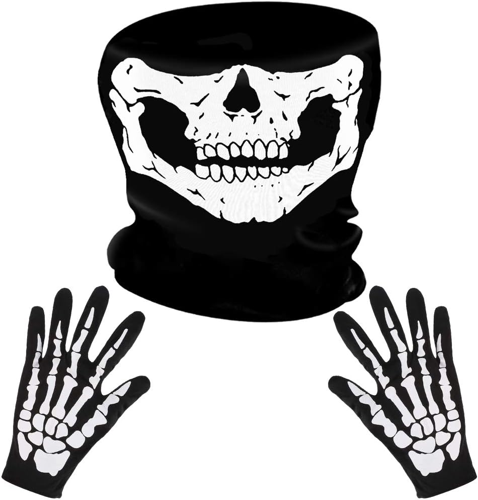 LYTIVAGEN Skeleton Gloves and Skull Face Mask, Skeleton Halloween Costume, Motorcycle Face Mask and Gloves with White Ghost Bones