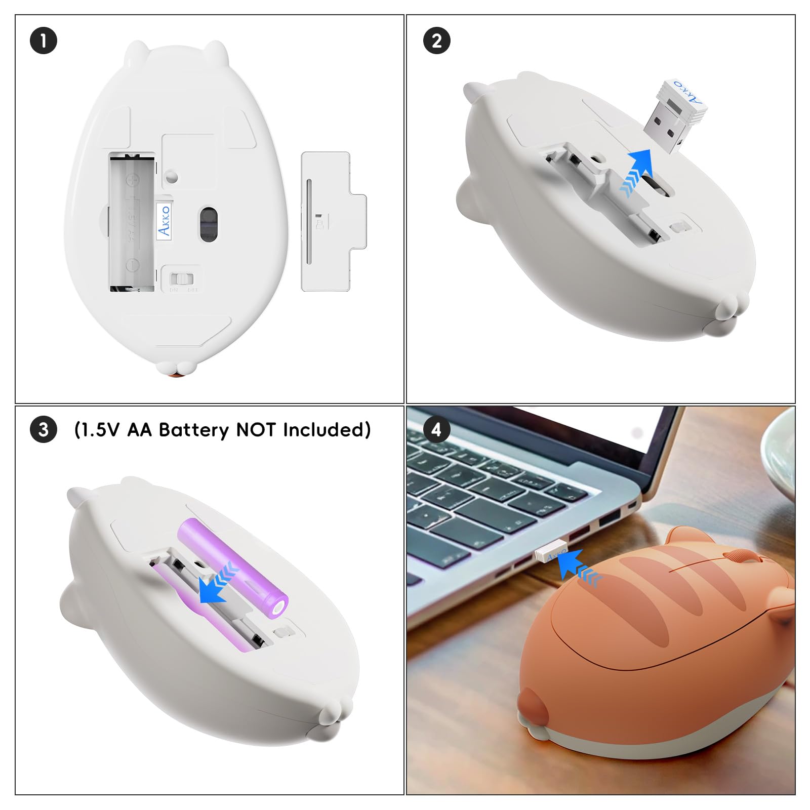 Akko Bezprzewodowa mysz gamingowa z motywem kota, optyczna 3200 DPI, urocza, tryb potrójny: Bluetooth 3.0/5.0/2,4G USB A, ciche kliknięcie, urocza, do laptopa/ komputera/ PC (Orange Kate)