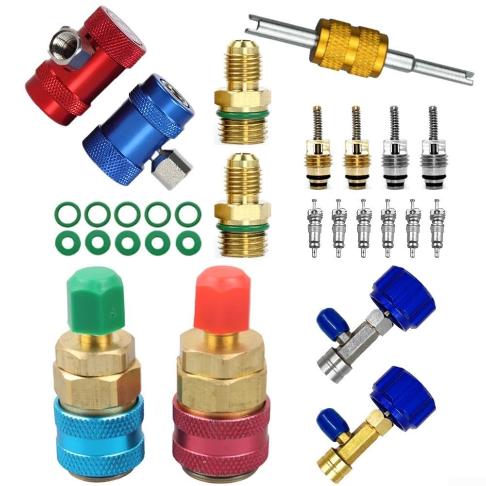 Kit 29 Raccordi AC Auto per r1234yf R134a Ottone Kit 29 Raccordi | 29 essenziali, ottone , alta/bassa pressione, compatibilità per multipla, perdite