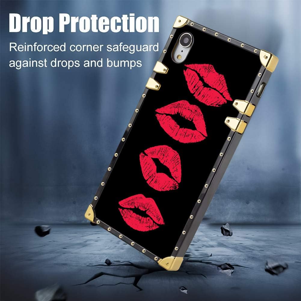Square Case Compatible iPhone XR Red Lips Luxury Elegant Soft TPU Shockproof Protective Metal Decoration Corner Back Cover Case iPhone XR Case 6.1 Inch