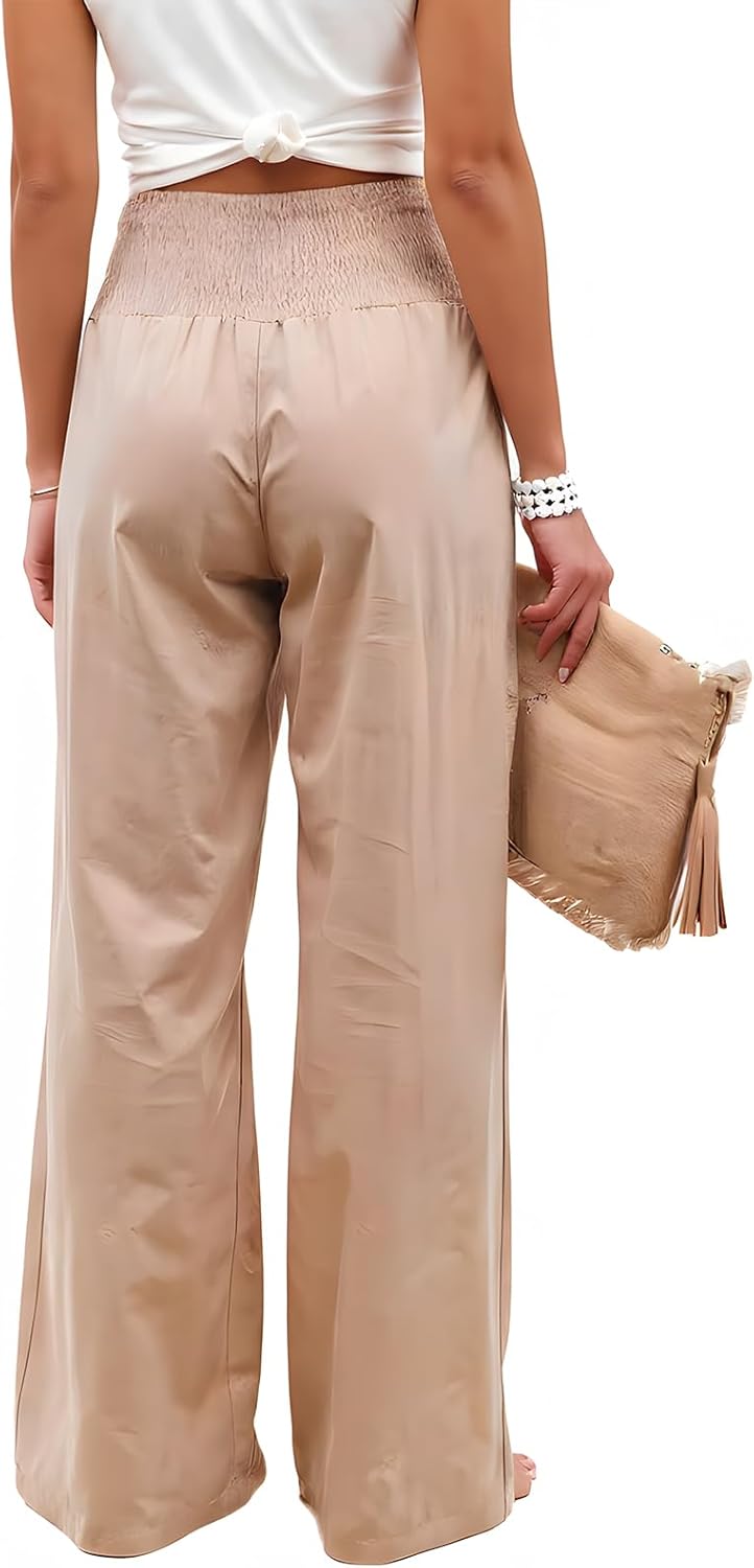 Women Palazzo Pants Wide Leg High Waist Boho Summer Pants – Casual Flowy Lounge Pants with Pockets, Travel Beach Vacation Outfits Resort Wear (US, Alpha, Medium, Regular, Regular, Khaki) - Image 6