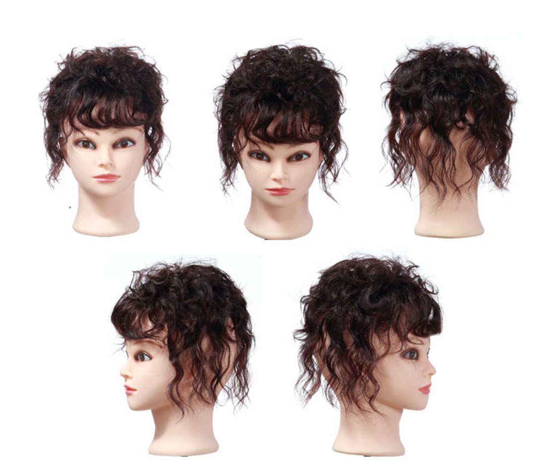 Susanki Women's 6.3" Short Wavy Curly Human Hair Wiglet Topper Clip in Toupee Hairpieces for Thinning Hair (Curly Dark Brown)
