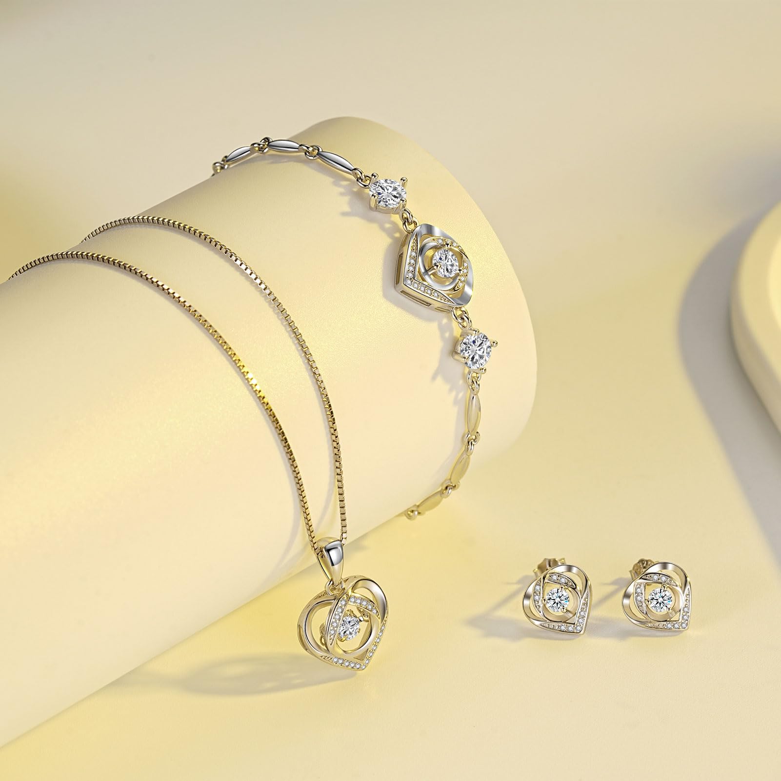 Silber Schmucksets für Damen, 925 Sterling Silber Herz Anhänger Halskette & Ohrringe Ohrstecker & Armband Set, 3 Stück Schmucksets mit Weiß/Rosa/Blau Zirkonia, Süße Schmuckset mit Geschenkbox