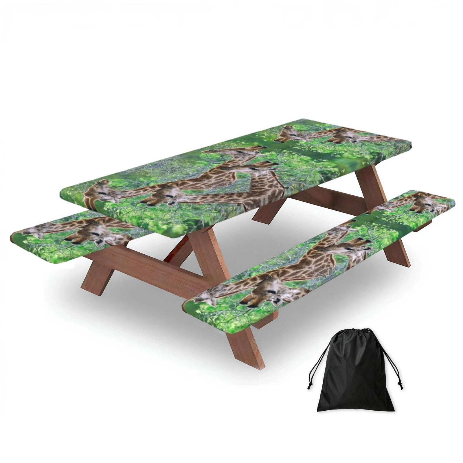 EZDLOWVBA Two Giraffes Print Picnic Table Cover With Bench Covers Waterproof Fitted Picnic Table Outdoor Elastic Picnic Tablecloth Outdoor Camping Essentials(3pcs)