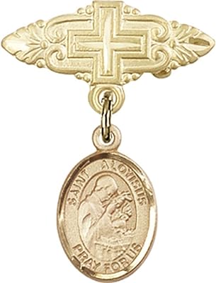 Gold Filled Baby Badge with St. Aloysius Gonzaga Charm and Badge Pin with Cross 1 X 3/4 inches