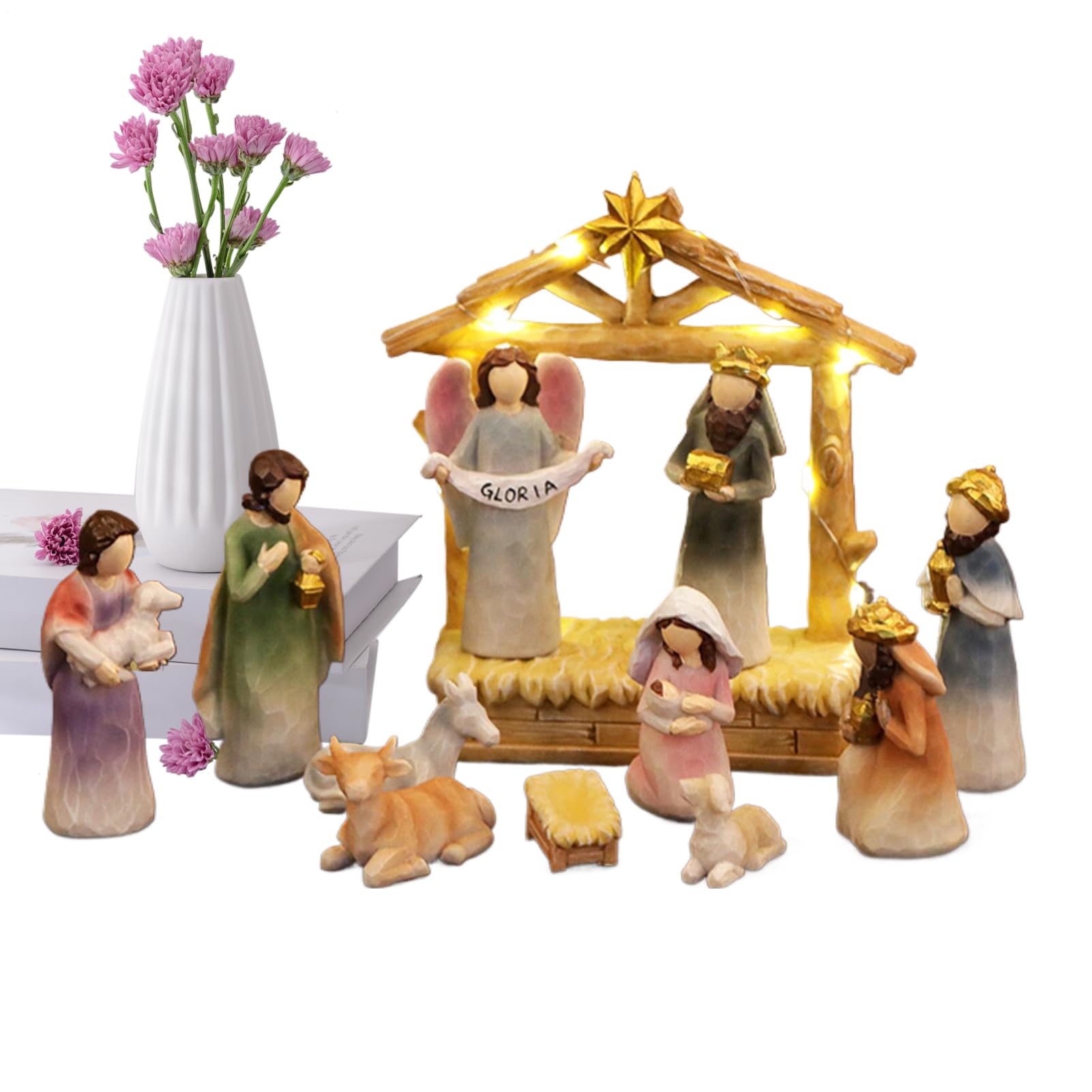 Générique Crèche De Noël,Crèche en Résine avec Étable | Fournitures de Fête pour Cheminée Bureau Chambre Salle de Classe,Décoration pour Foyer Dortoir Appartement et Bureau