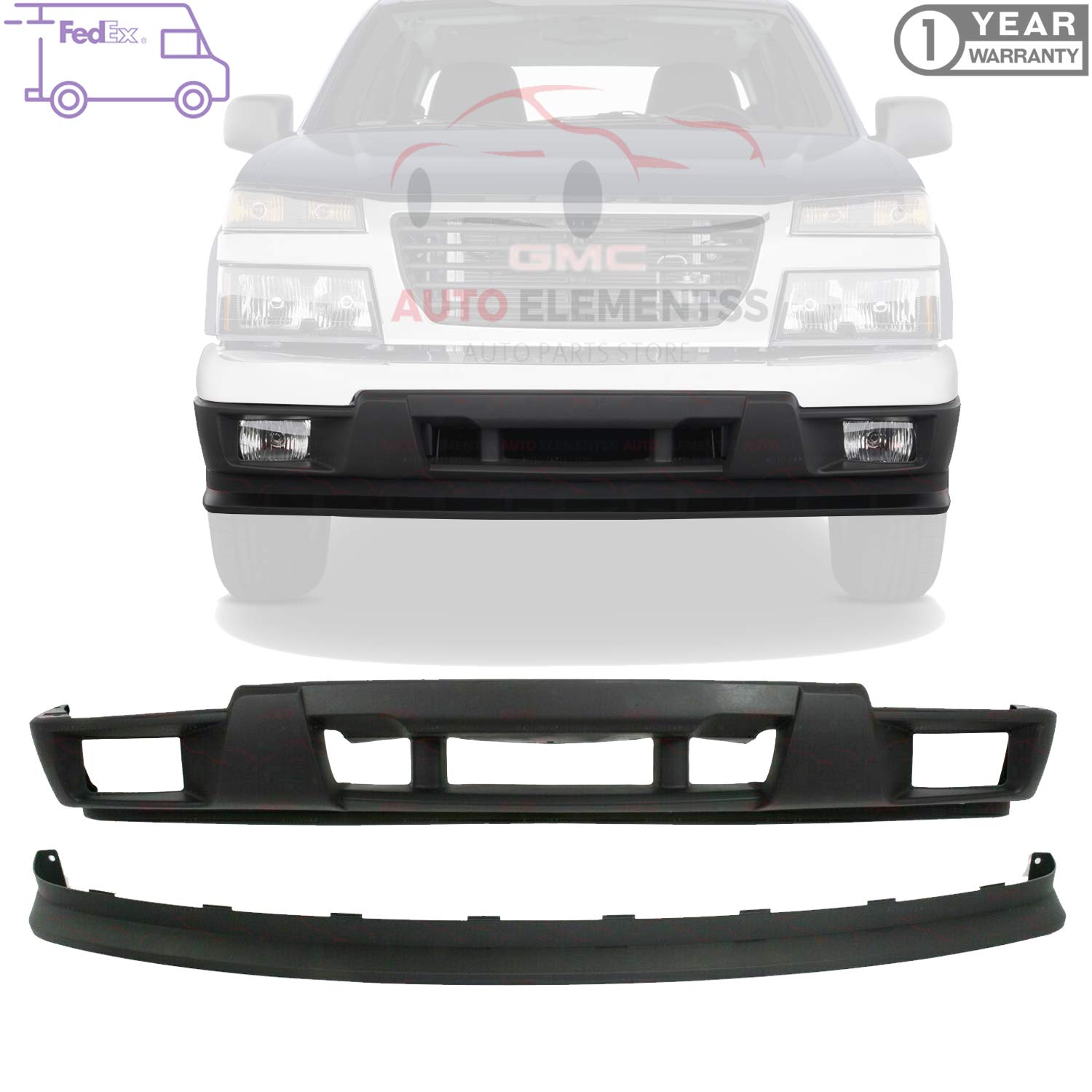 Autoelementss New Front Bumper Cover Lower W/Fog Light Holes + Valance Extension Textured for 2004-2012 Chevrolet Colorado/Gmc Canyon Direct Replacement 15888037 12335805
