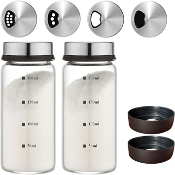 7 oz Salt and Pepper Shaker Set with 304 Stainless Cover Adjustable Outlet Holes Glass Spice Jars Dispenser Seasoning Cans for Kitchen Decor and Home Restaurant BBQ Camping Kitchen Accessories 2Pcs
