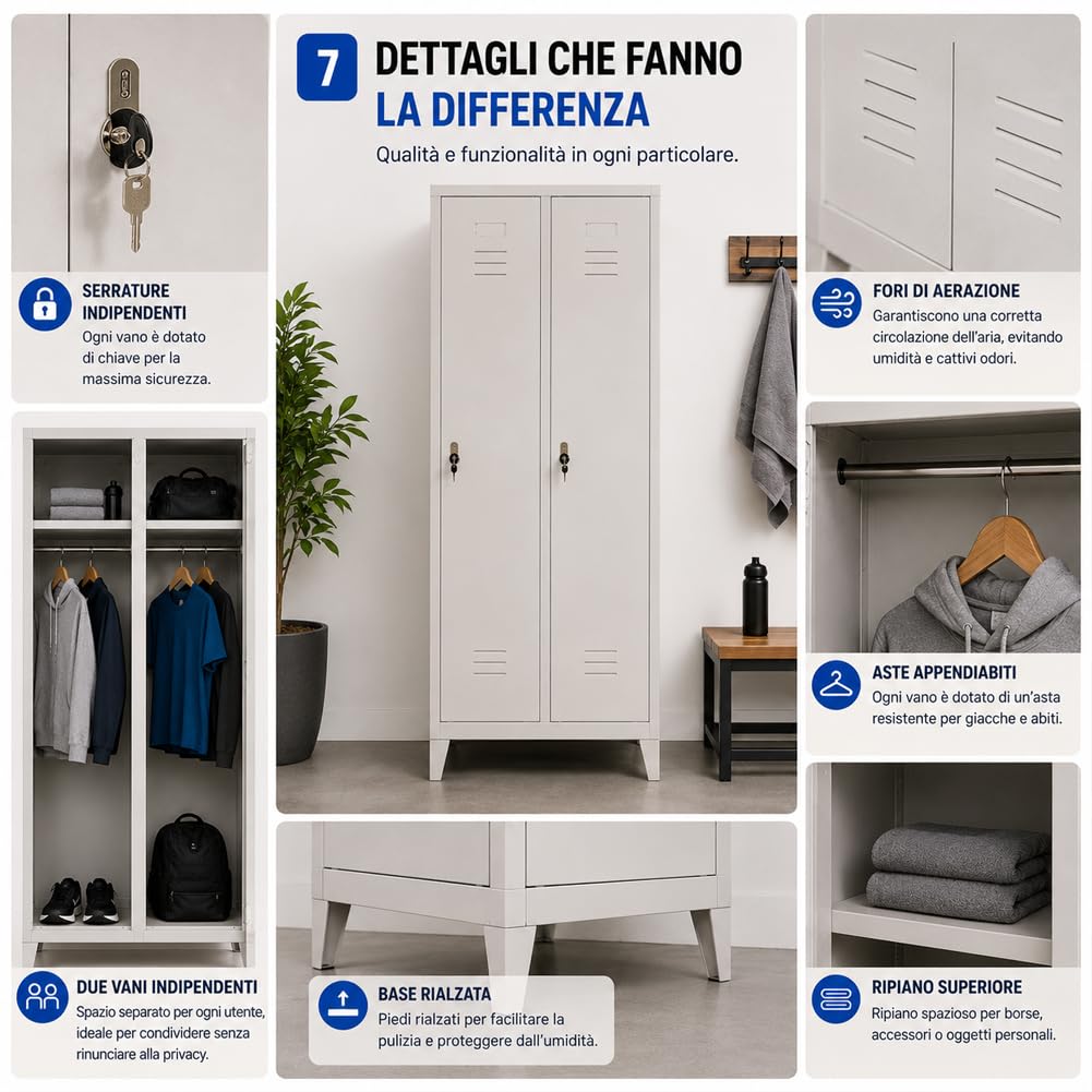 BAKAJI Armadio Metallo Spogliatoio 2 Ante con serratura 66x36x180H cm | Chiusura a Chiave, Grigio, Ripiano Superiore, Asta Appendiabiti, Salvaspazio Multiuso