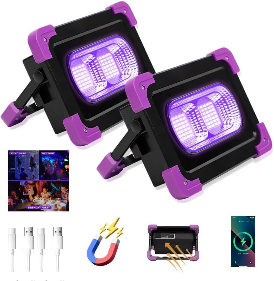 Image of 2 Pack 50W Rechargeable LED Black Lights, Battery Powered & Solar Panels Blacklight, Glow in The Dark Indoor Outdoor, Cordless Portable Waterproof Neon Flood Light Fluorescent Party Stage Body Paint