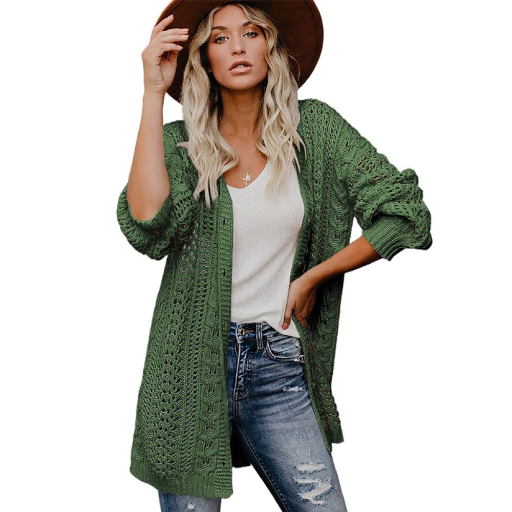 EIBA Chaqueta Punto Mujer,Cárdigans De Ganchillo De Punto para Mujer Moda De Longitud Media Botón Hueco Verde Liso Cárdigan De Suéteres Delanteros Abiertos Otoño Invierno Suelto Abrigo Básico De PU