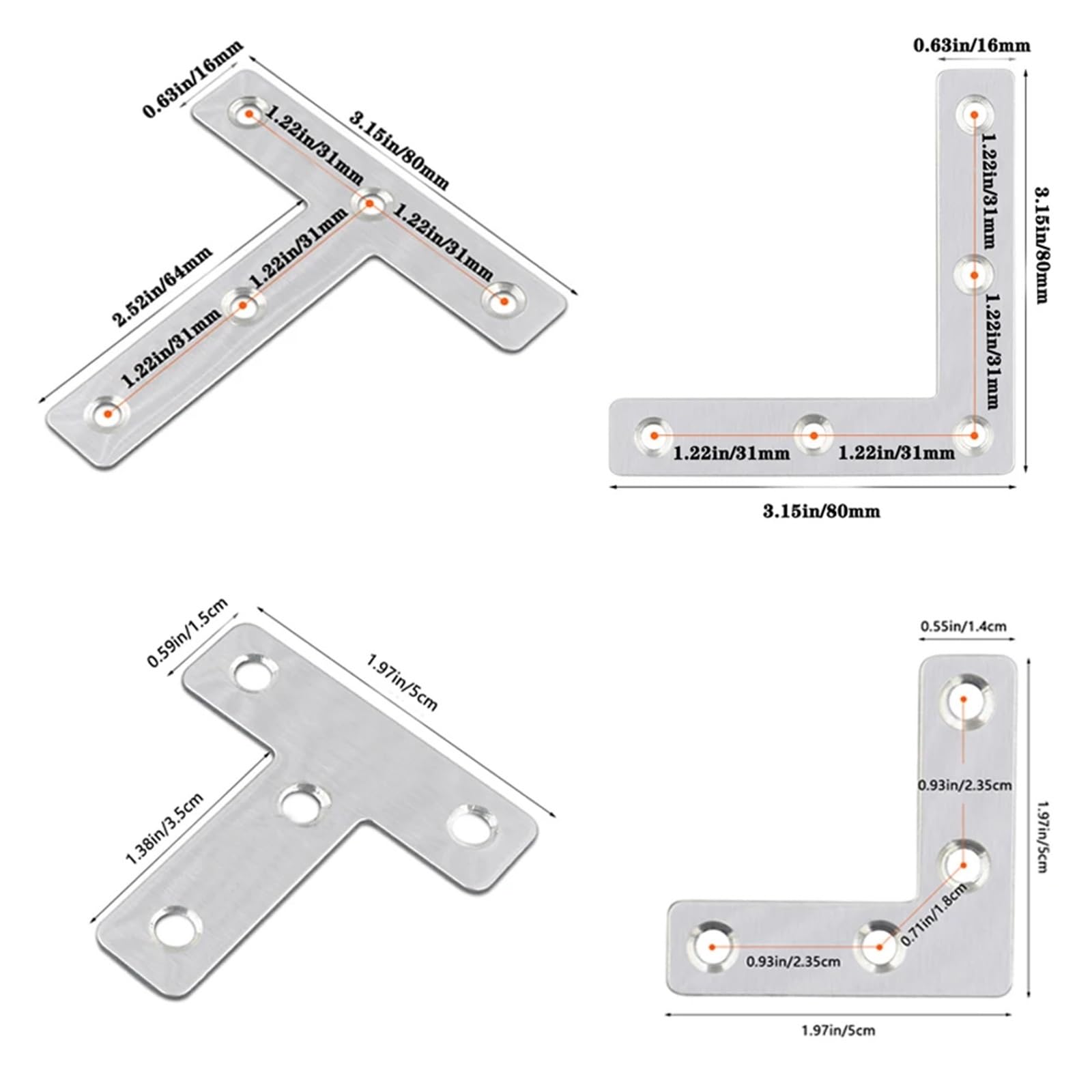 Escuadras Metalicas Fijación de placa extrusión esquina acero inoxidable L/T, 12 piezas, conexión soporte ángulo plano resistente(Silver)
