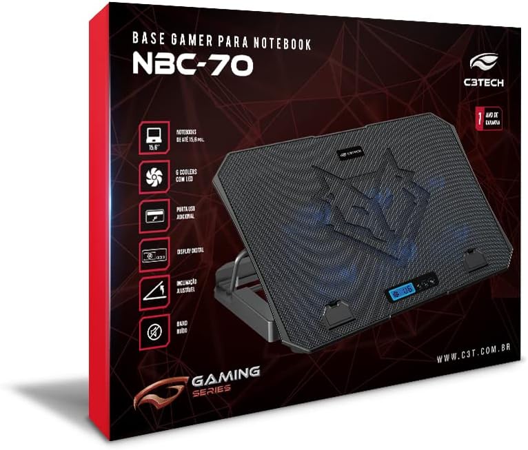 C3Tech Base para Notebook Gamer NBC-70BK ate 15,6" Preto Com 5 opções de inclinação 6 ventiladores Painel digital para controle iluminação em LED