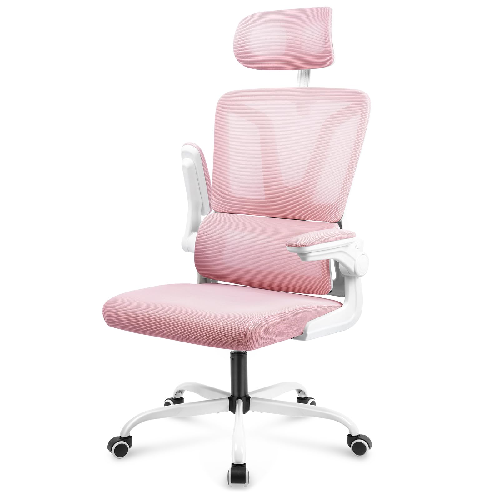 Soontrans Silla de oficina ergonómica Silla de ordenador de malla Silla de oficina con reposabrazos ajustable, Silla de oficina ergonómica con ajuste de altura y soporte lumbar, rosa blanco