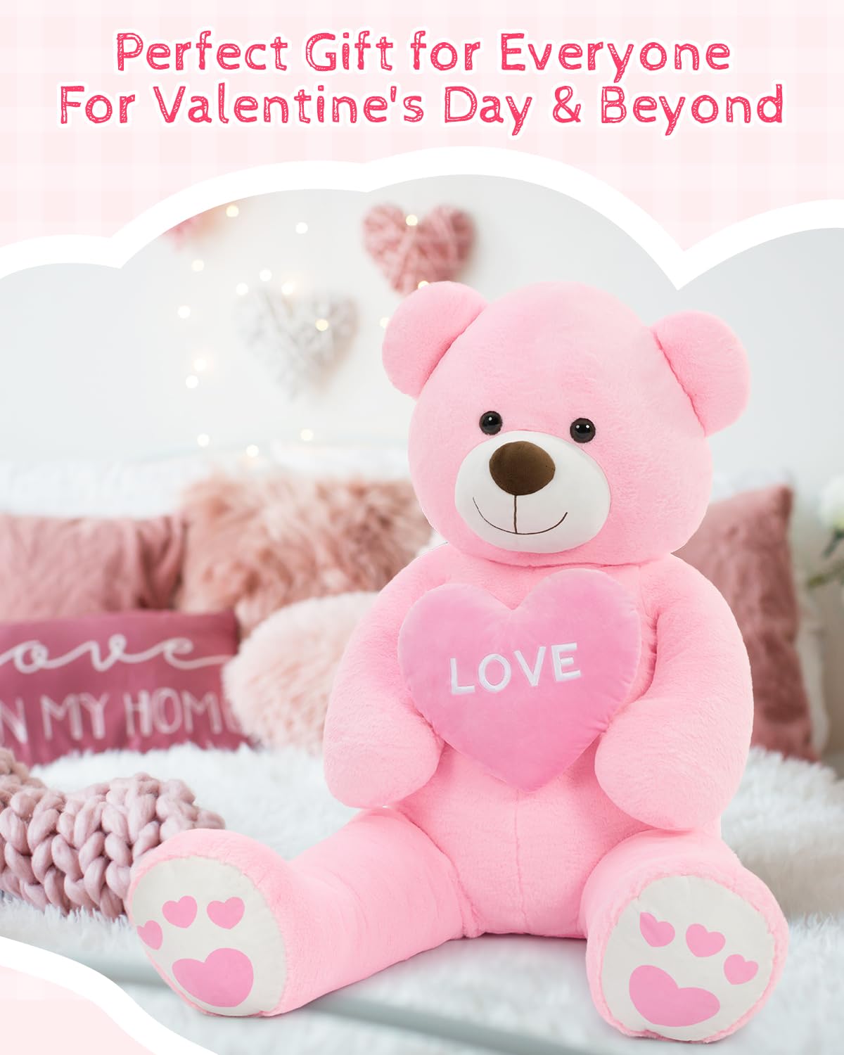 MorisMos 130cm Orso Peluche Gigante con Love, XXL Rosa Orsacchiotto di Peluche Grande Morbido Orsetto Pupazzo Regalo per Bambino Fidanzata Compleanno San Valentino