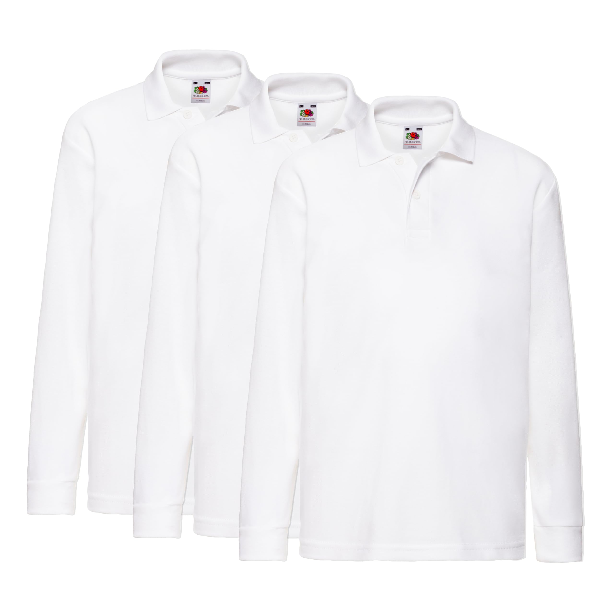 Fruit of the Loom Confezione da 3 polo a maniche lunghe per bambini, 65/35 | Polo a maniche lunghe per bambini e bambine, facile da pulire, con sacchetto in tessuto MyShirt incluso