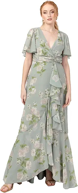 Sage Green Floral Satin Maxi Dress - Women's Wrap V-Neck A-Line Gown