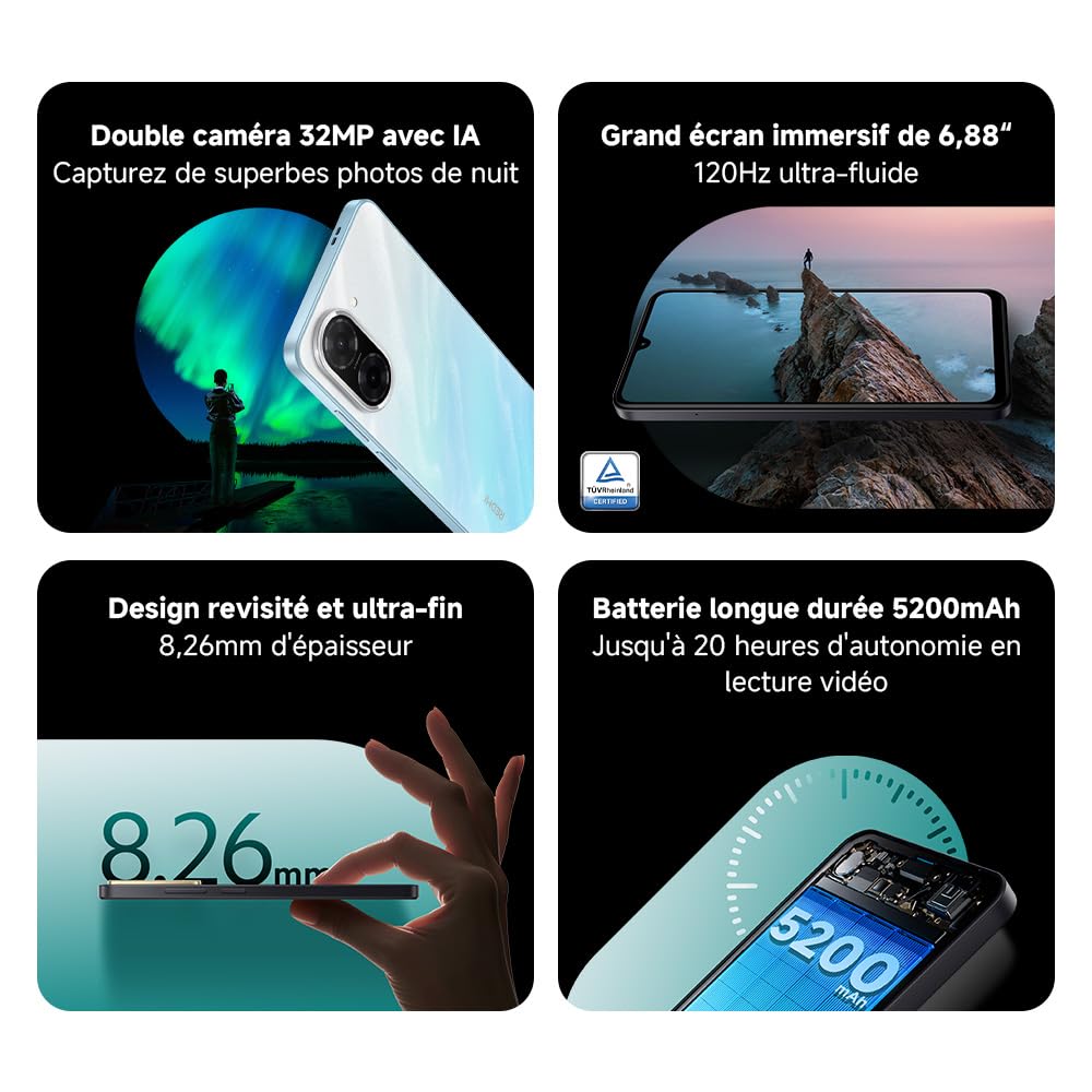 XIAOMI Smartphone Redmi A5, 4+128GO, Noir, Double Appareil Photo AI de 32 MP, Batterie Massive de 5200 mAh, Octa-Core, Écran immersif de 6,88 Pouces jusqu'à 120 Hz (Adaptateur Secteur Non Inclus)