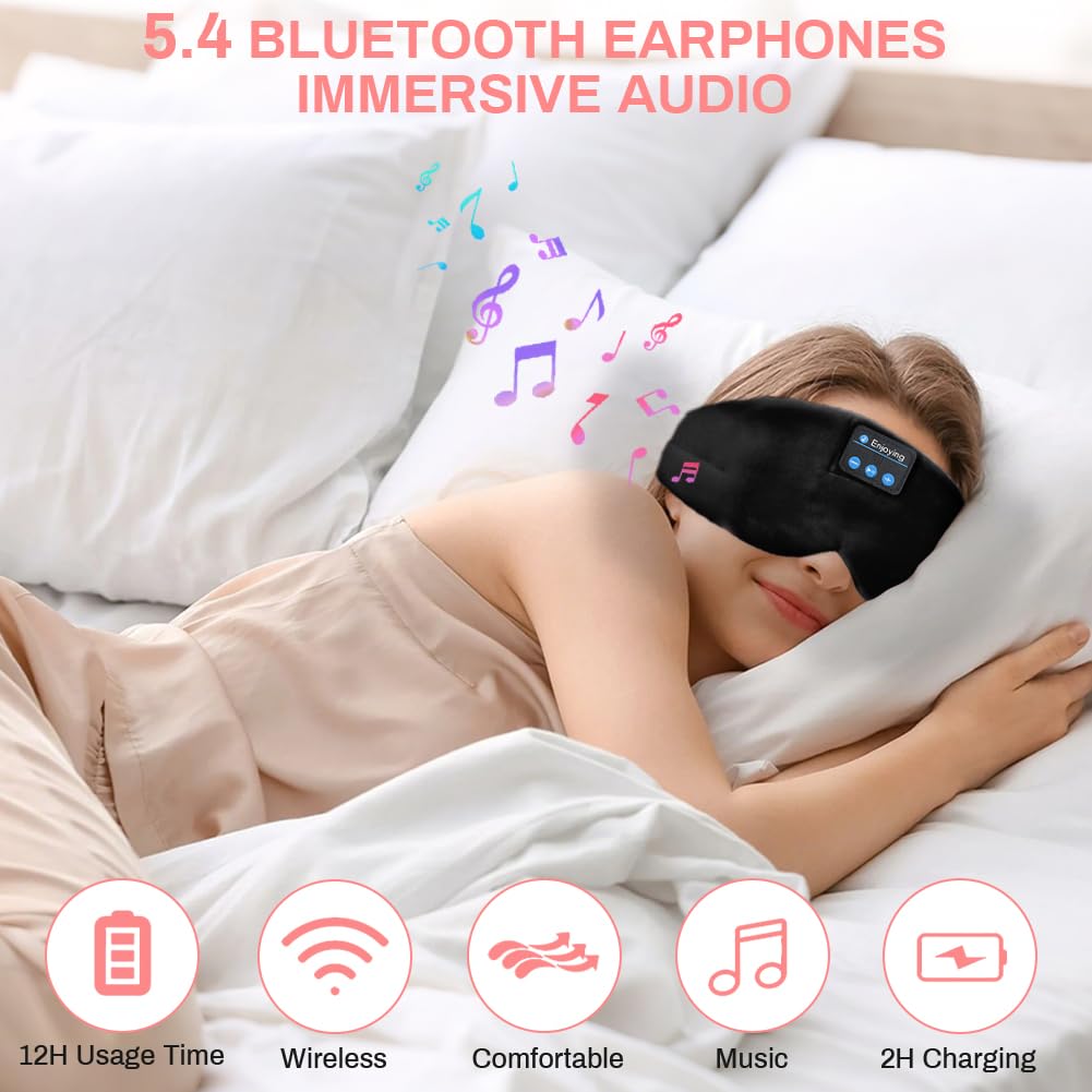 Flintronic Mascherina per Dormire con Cuffie Bluetooth, Mascherina per Dormire in Seta e Fascia, Maschera Occhi per Dormire per Bloccare la Luce, per il Sonno, Viaggi, Pisolino, Meditazione