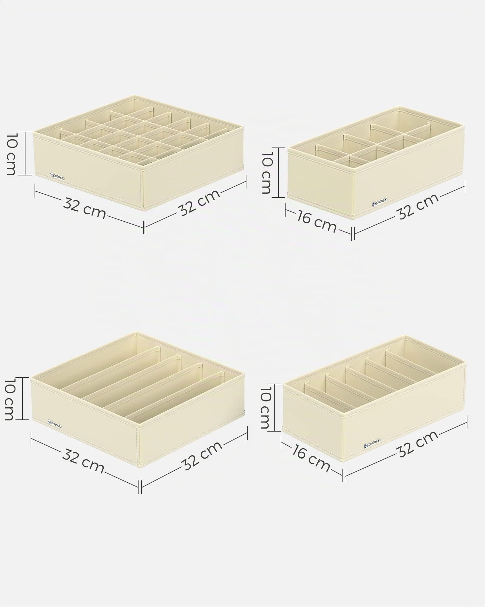 SONGMICS Set di 8 Divisori per Cassetti, Organizzatori per Biancheria Intima Pieghevole, per Reggiseni Mutande Calzini Cravatte, Scatole Portaoggetti in Tessuto per Armadio, Beige RUS008M01