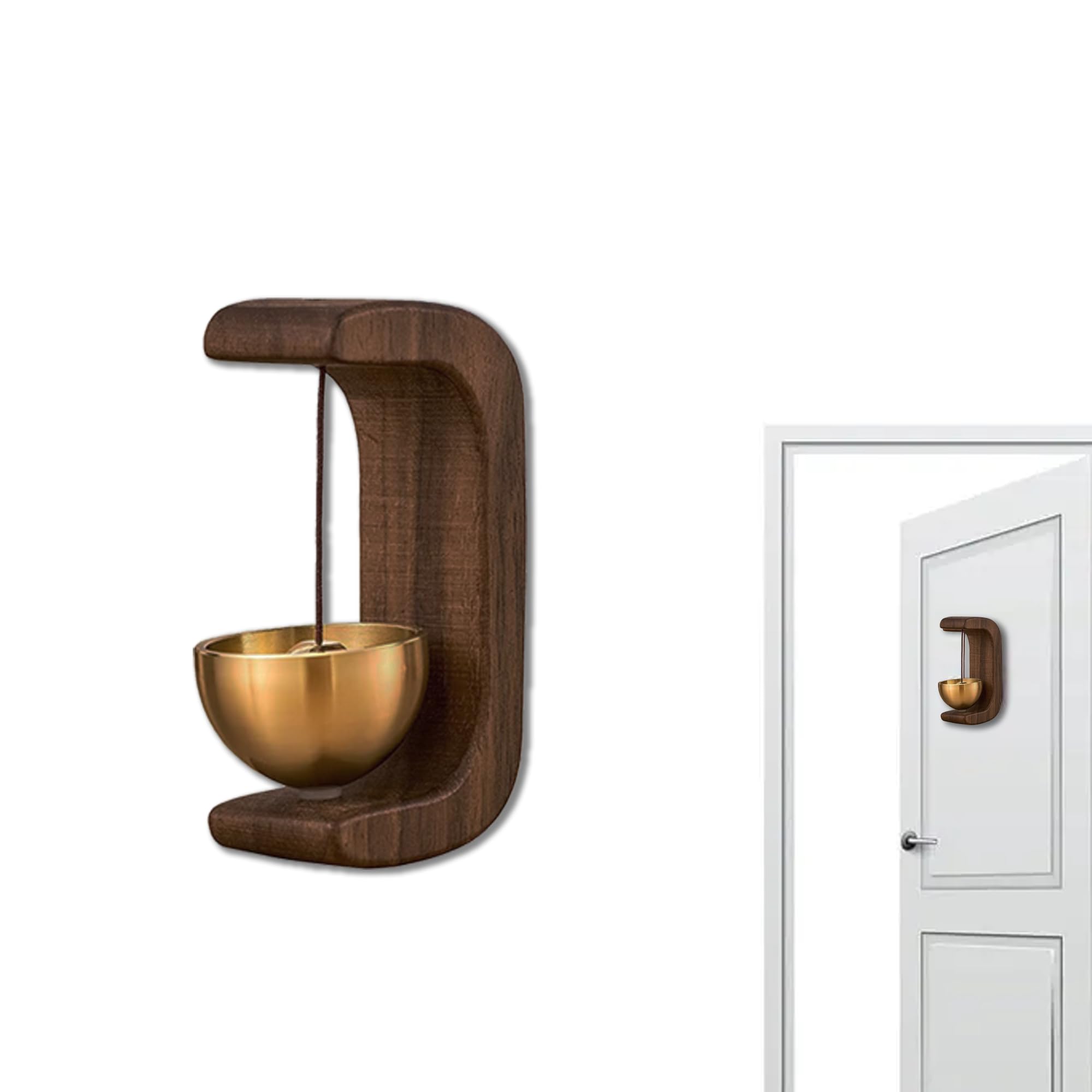 Homeaura Wooden Door Bell for Home Office Shop Café Entrance | Vintage Brass Chime with Magnetic Self-Adhesive Hanging | Traditional Door Sound Bell | 1 Pc Multicolour Décor Accent