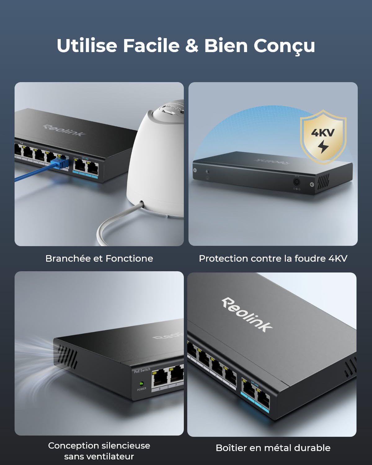 Reolink PoE Switch à 8 Ports PoE, 2 Ports Gigabit Uplink, jusqu'à 120W au Total pour Tous Les Ports PoE, idéal NVR PoE IP Cameras, IEEE802.3af/at, Desktop/Wall Mount, RLA-PS1