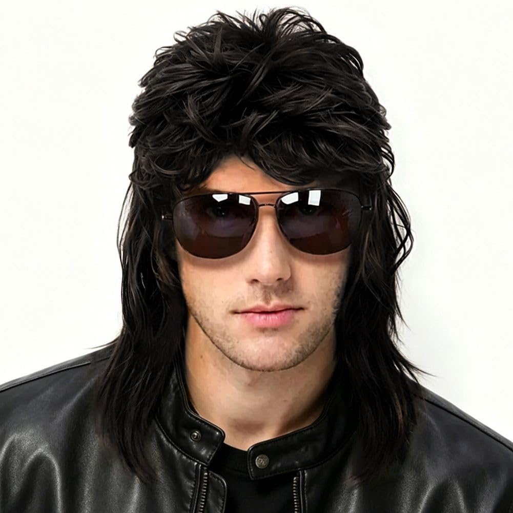 Schwarz Vokuhila Perücke 80er Herren Mullet Perücken 70er Gelockt Cosplay Kostüm Hitzebeständige Faser Haare Perücken für Disco Rocker Partei Halloween Verwenden