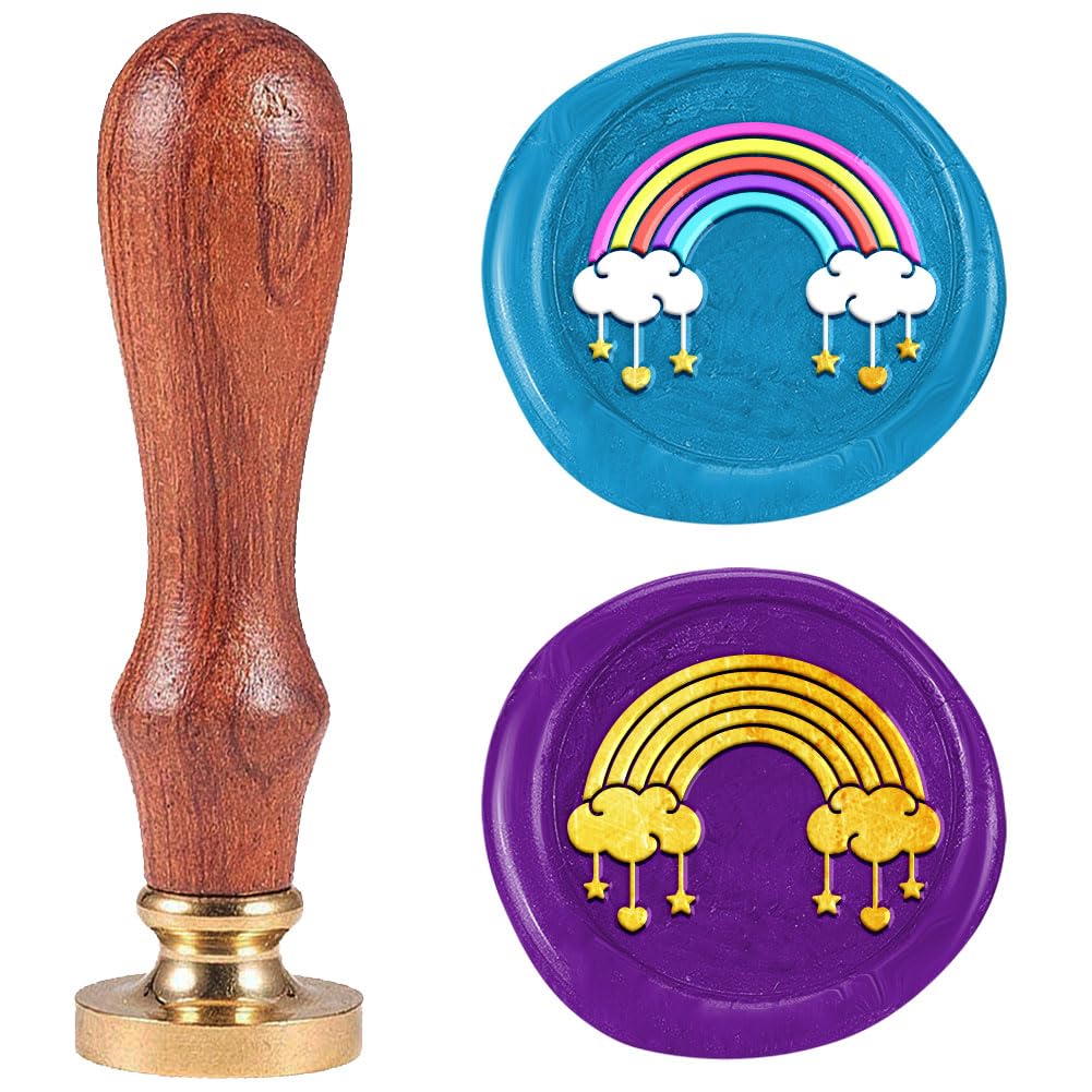 DELORIGIN Rainbow Wax Seal Stamp Vintage Star Heart Sealing Stamps 1" Removable Brass Head Seal Stamp with Wooden Handle for Greeting Card Wedding Envelopes Invitations Wine Gift Wrapping โ image 1