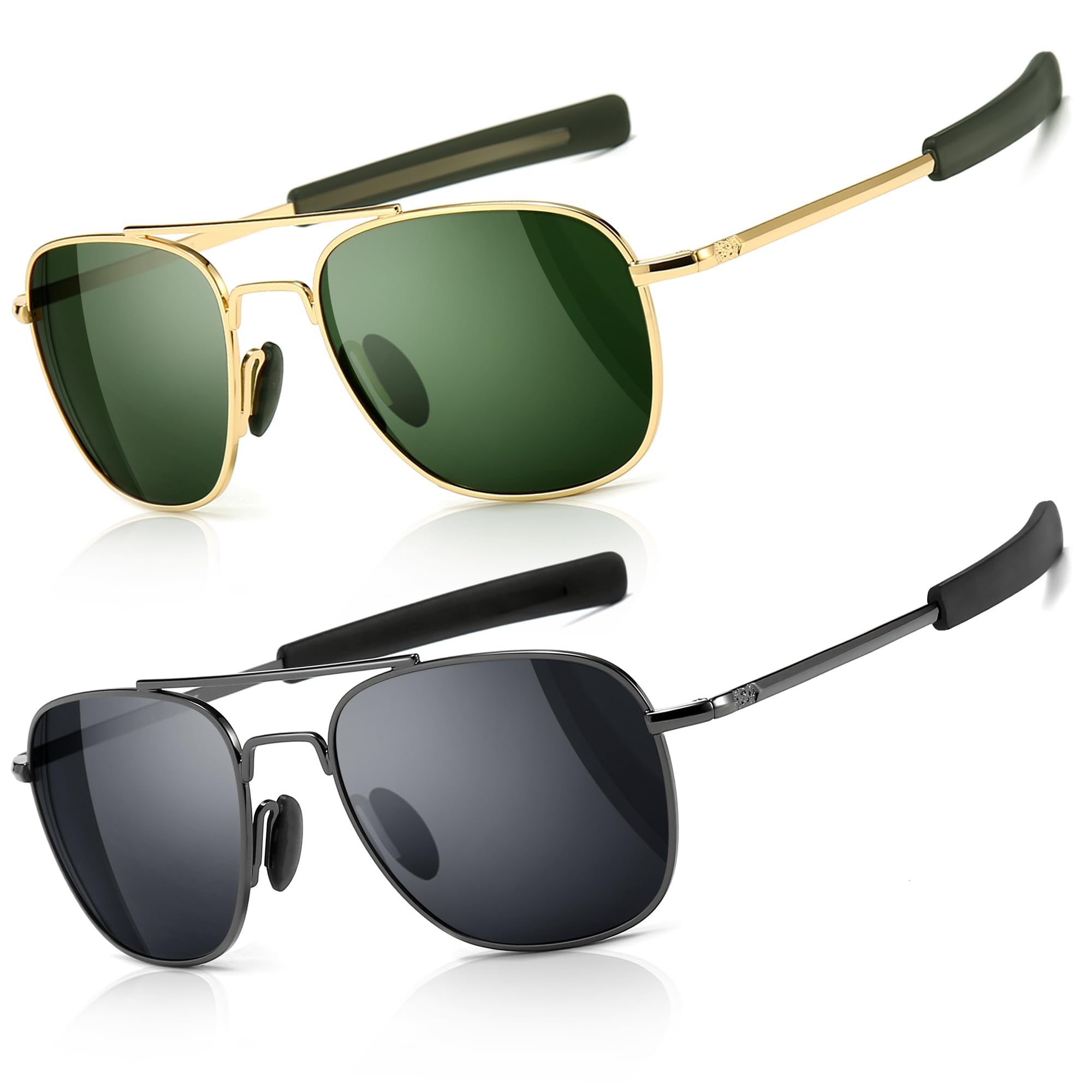 Men's Military Sunglasses Polarized Pilot Style Bayonet Temples 2 Pack