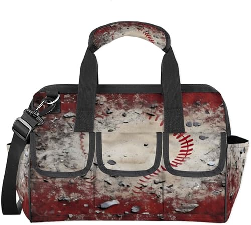 Miniatura 7 de Bolsas de herramientas rústicas de boca ancha con estampado de béisbol para hombres y mujeres, 14 bolsillos, bolsa de herramientas de béisbol, bolsa