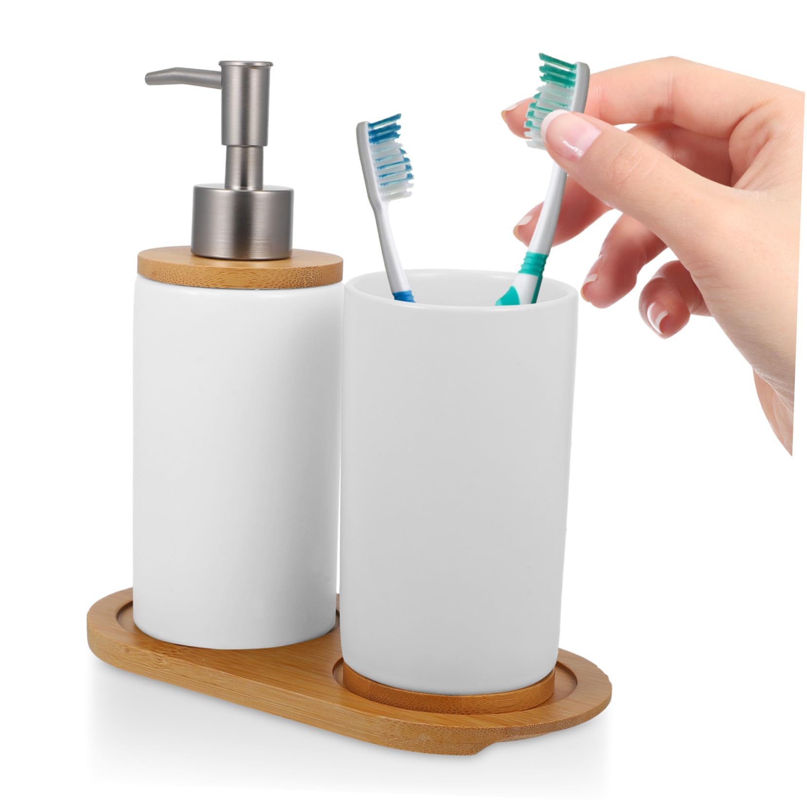 Mobestech Dispensador de Jabón y Vaso para Cepillos de Dientes Accesorios de Cerámica Blanco Conjunto de Baño Portátil y Práctico Portátil y Práctico para Baño y Tocador para Baño y Tocador
