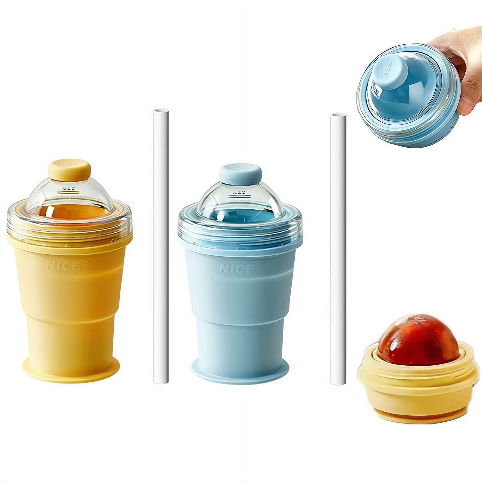 FLKWOP 2-in-1 Collapsible Silicone Ice Ball Maker Cup, Reusable Portable Ice Sphere Mold with Straw & Lid, Easy Demolding, Leakproof Travel Tumbler for Coffee, Juice, Home, Gym, Outdoor