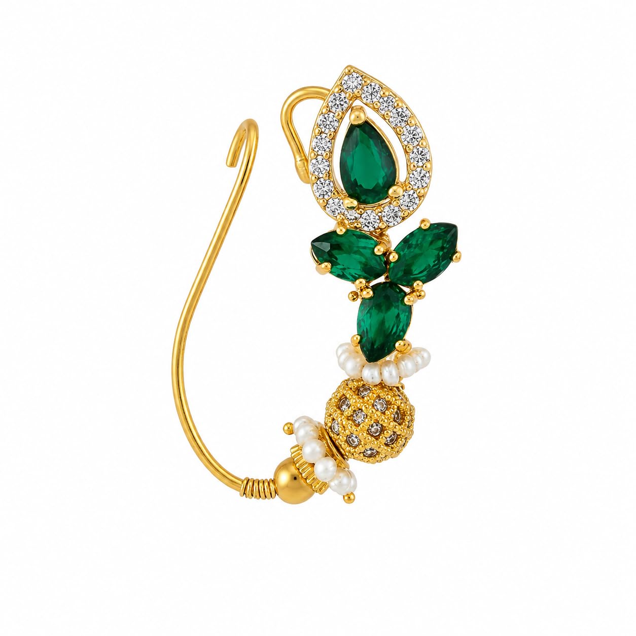 Gold Plated Traditional Nose Ring (Nath) with Ruby & Pearl Embellishments | Elegant Design for Weddings & Festive Occasions-image-22