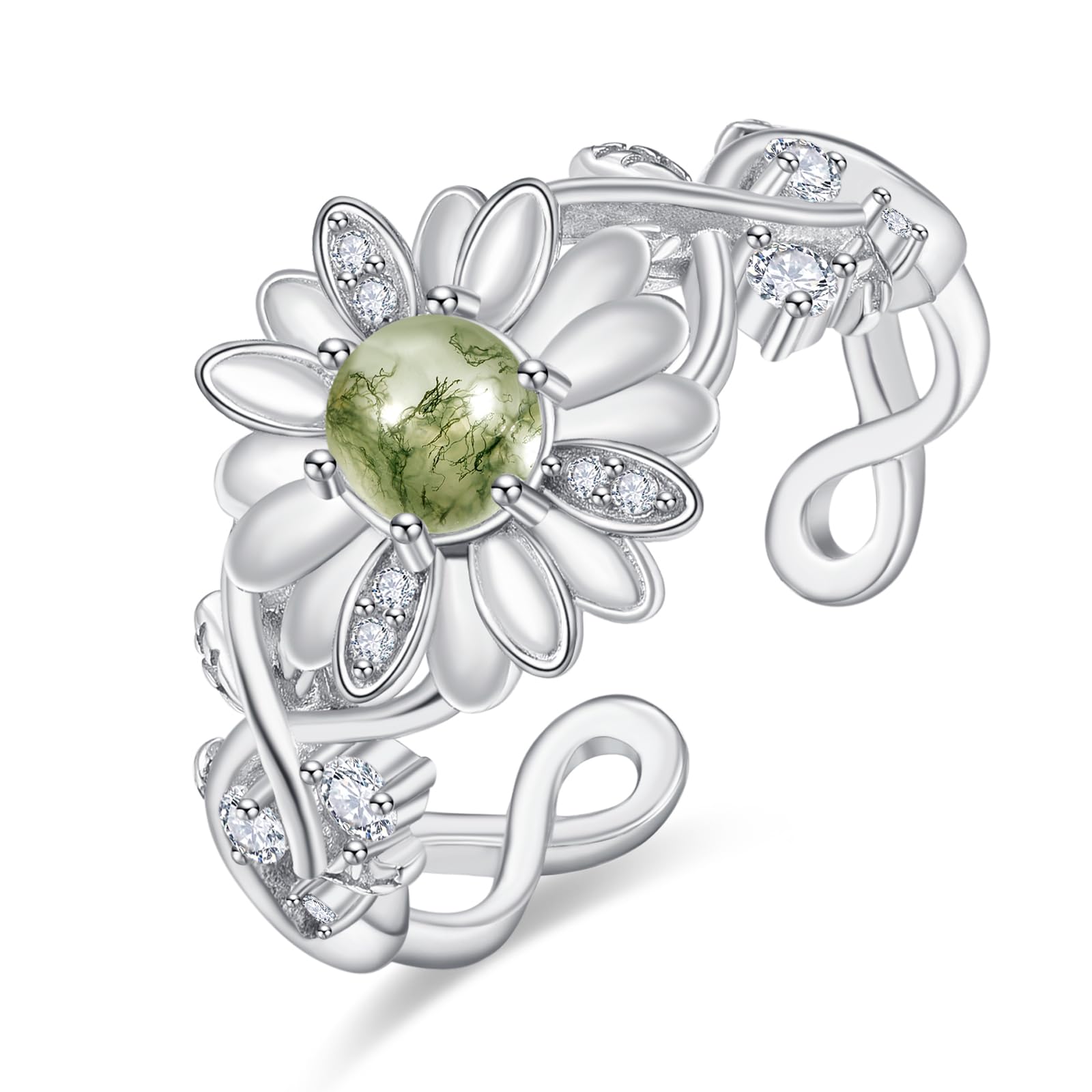 TANGPOET Anillo de plata de ley 925 con diseño de margaritas, anillo de compromiso, joyería de regalo para mujeres y mujeres, Ágata
