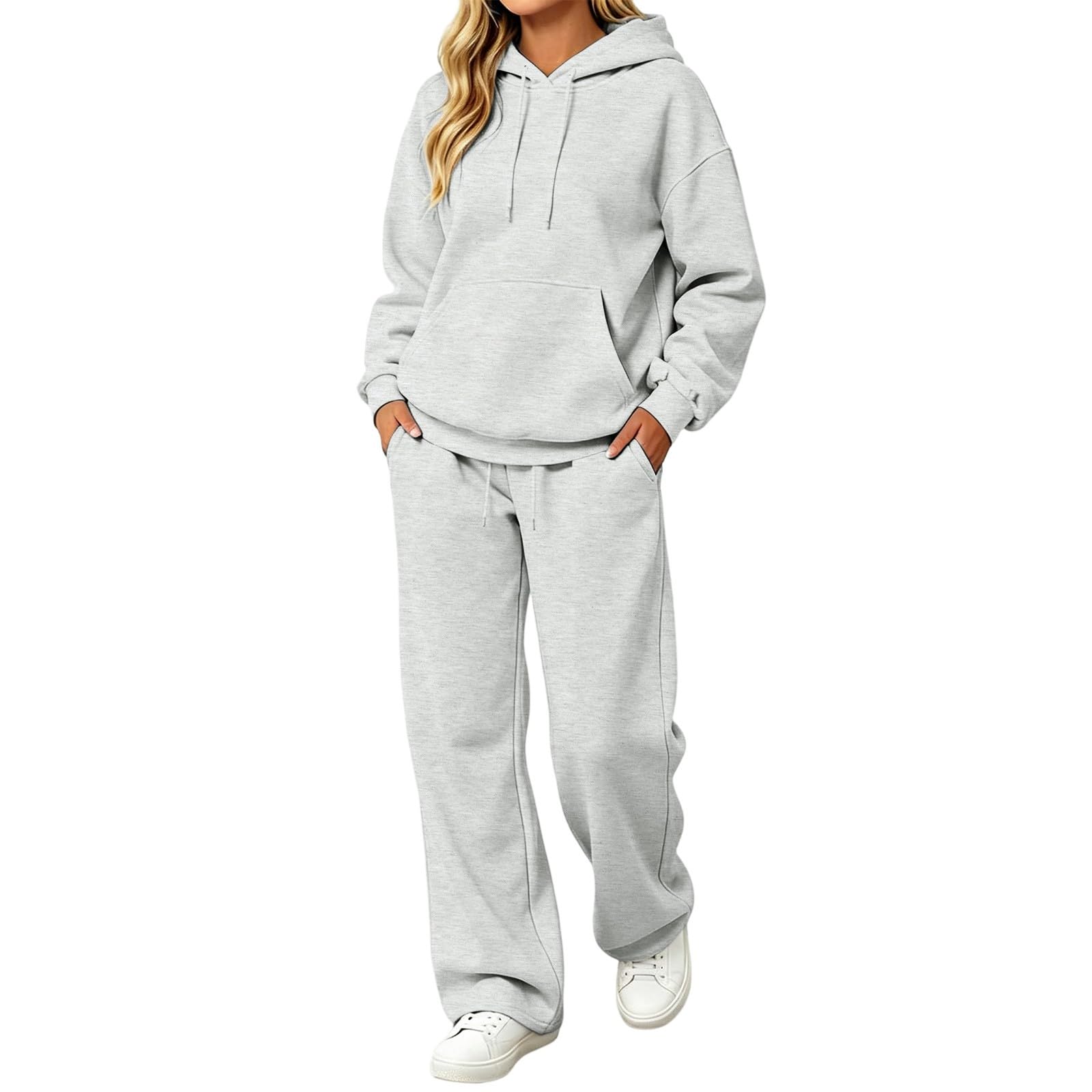 Tuta da jogging da donna elegante in due pezzi, tuta sportiva per il | Con tasca a marsupio, felpa con cappuccio e gamba larga, pantaloni da jogging in due pezzi, casual, vestibilità regolare
