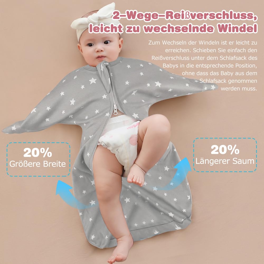 Emmaillotage Bébé en Coton, Sac de Couchage Enfant Favorise Un Développement des Hanches, Couverture Bébé Fermeture Éclair à Double Sens, Gigoteuse Naissance Garçons Filles, Gris, 3-6 Mois