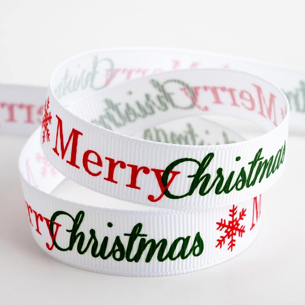 Italian Options Merry Christmas White White Merry Christmas Grosgrain Ribbon, Christmas Ribbon For Crafts, Gift Wrapping, Wreaths, Tree Decorations, Hair Bows, White, 16 Mm X 5 Metre Roll