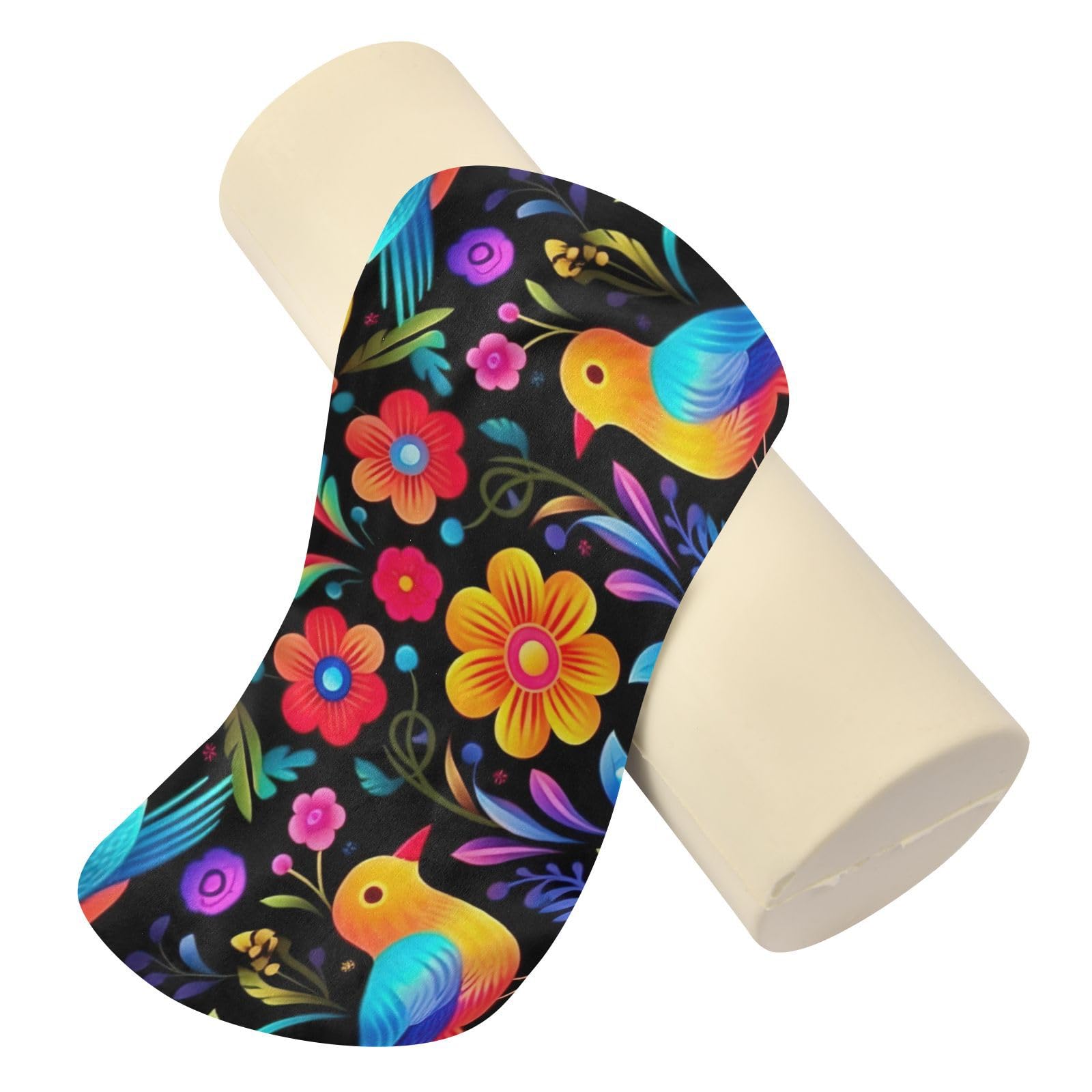 Wassud Mexican Art Design Round Cervical Neck Roll Pillow,Memory Foam Bolster Removable Pillow for Sleeping, Support for Neck, Back, Legs,Length 17