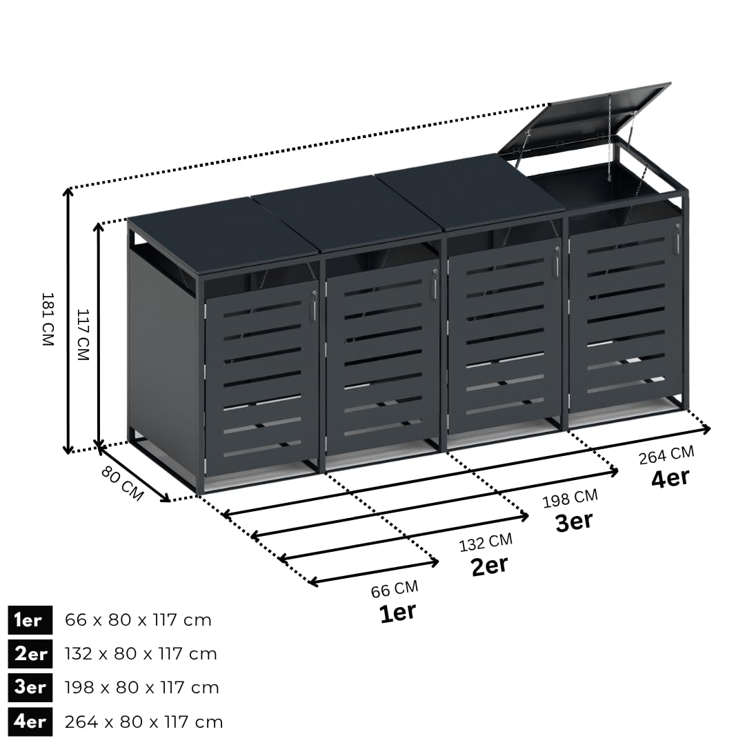 Mega Holz Mülltonnenbox 3er Set, abschließbare Müllbox, je 240 Liter | Mülltonnenverkleidung für draußen, 198 x 80 x 117 cm, Mülltonnenverkleidung, 60 bis 240 Liter Tonnen, Stahl pulverbeschichtet