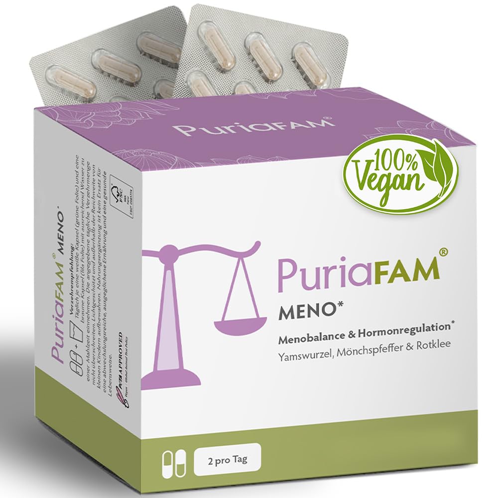 PURIAFAM Meno - 180 Wechseljahre Tabletten pflanzlich - Yamswurzel Mönchspfeffer, Johanniskraut, Rotklee - Menopause Tabletten