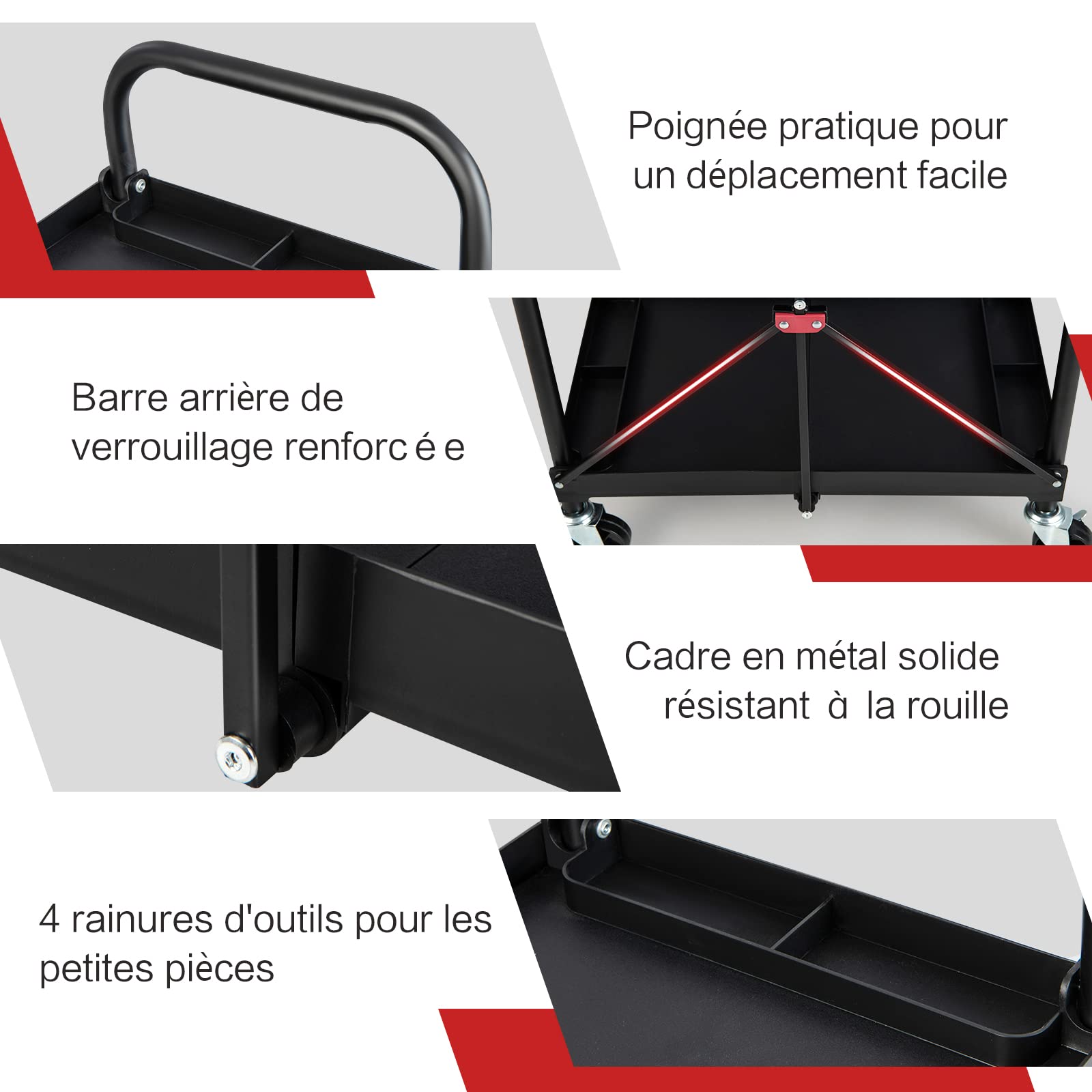 GYMAX Chariot Servante d’Atelier Pliable à roulettes 3 Niveaux, Rangement d'Outils, 2 Rouelettes avec Freins, Compartiments Trié, Cadre Métallique, pour Garage Cuisine Studio